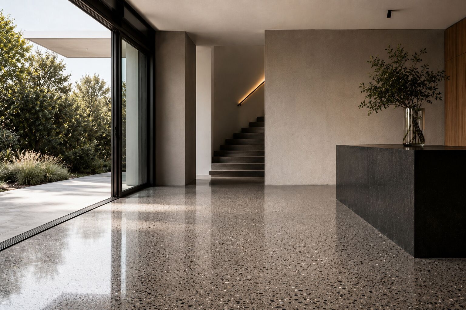 Polished concrete floor in a modern interior with dramatic light